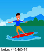 Surfing activity and boy windsurfer, surfer on surfboard, guy does summer water sport flat vector illustration with background of coastline seascape.. Surfing Sport Activity and Boy Vector Illustration. Стоковая иллюстрация, агентство Ingram Publishing / Фотобанк Лори