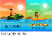 Forever summer posters set and headlines banners with jet ski, girl holds oar sitting in boat, summertine collection isoalted on vector illustration.. Forever Summer Posters Set Vector Illustration. Стоковая иллюстрация, агентство Ingram Publishing / Фотобанк Лори