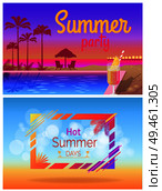 Summer party hot days tropical promotional posters set. Beach spectacular landscapes and coastline banners bright vector illustrations summertime.. Summer Party Days Tropical Promotional Posters Set. Стоковая иллюстрация, агентство Ingram Publishing / Фотобанк Лори