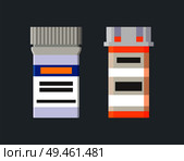 Medicines in plastic containers with labels set. Pills inside special solid packs. Medicaments sold by prescription isolated vector illustrations.. Medicines in Plastic Containers with Labels Set. Стоковая иллюстрация, агентство Ingram Publishing / Фотобанк Лори
