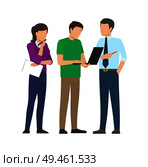 Team works on new startup with laptop and papers. Woman and men develop business project. Productive teamwork projects isolated vector illustration.. Team Works on New Startup with Laptop and Papers. Стоковая иллюстрация, агентство Ingram Publishing / Фотобанк Лори