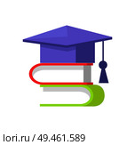 Books and students cap, graduation of person, acquiring level allowing to to cope with professional tasks of innovative character vector illustration. Books and Students Cap Set Vector Illustration. Стоковая иллюстрация, агентство Ingram Publishing / Фотобанк Лори
