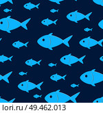 Seamless pattern with bluish size variative fish vector illustration on dark blue background. Useful as wallpaper of print for textile or fabric.. Seamless Pattern with Sketch Size Variation Fish. Стоковая иллюстрация, агентство Ingram Publishing / Фотобанк Лори