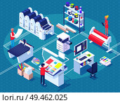 Printing house polygraphy industry isometric composition with human characters, plant and machinery and printer consumable images vector illustration.. Printing House Isometric Polygraphy Composition. Стоковая иллюстрация, агентство Ingram Publishing / Фотобанк Лори