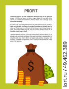 Profit banner isolated full cloth money bag with dollar sign, color vector illustration wealth and coins heaps, yellow frame text sample info poster. Profit Banner and Isoalted Full Cloth Money Bag. Стоковая иллюстрация, агентство Ingram Publishing / Фотобанк Лори