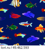 Seamless pattern with big color marine creatutes cartoon vector illustration. Print for textile or fabric with sea inhabitants, cartoonish wallpaper.. Varicoloured Marine Creatures Seamless Pattern. Стоковая иллюстрация, агентство Ingram Publishing / Фотобанк Лори