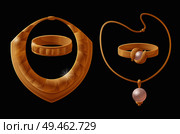 Golden jewelry pieces made of gold, necklaces chains and ring, carcanet bracelet collection, elegant set for women accessories vector illustration items. Golden Jewelry Pieces Made of Gold, Necklaces Set. Стоковая иллюстрация, агентство Ingram Publishing / Фотобанк Лори