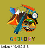 Geology excavations and geological researches. Pick and compass equipment, closeup of ground layers with fossils and minerals vector illustration emblem. Geology Emblem with Pick, Mountain and Minerals. Стоковая иллюстрация, агентство Ingram Publishing / Фотобанк Лори