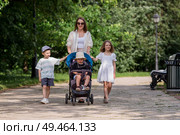 A family with three children. A mother with many children and toddlers in a summer park. Children are walking in the fresh air. Having many children and family values. Стоковое фото, фотограф Photojuli / Фотобанк Лори