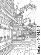A detailed illustration in black and white depicting a bustling shopping center with shops, people walking around, and cars in the parking lot. Стоковое AI-изображение, AI-художник Данила Большаков / Фотобанк Лори