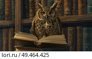 An owl sits atop a book, its feathers ruffled and eyes focused, as if deeply engrossed in reading. Стоковое AI-изображение, AI-художник Данила Большаков / Фотобанк Лори
