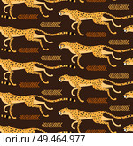 Seamless pattern with running cheetahs, leopards. Repeated exotic wild cats on a brown background. Vector illustration.. Seamless pattern with running cheetahs, leopards. Repeated exotic wild cats on a brown background. Vector illustration. Стоковая иллюстрация, агентство Ingram Publishing / Фотобанк Лори
