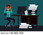 Businessman tired of work angrily holding his head full of negative thoughts office worker irritated and furious, with papers pile vector illustration. Businessman Tired of Work Vector Illustration. Стоковая иллюстрация, агентство Ingram Publishing / Фотобанк Лори