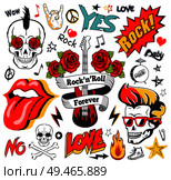 Rock-and-roll forever inscription loud poster. Rock and punk subcultural movement decorative symbols and emblems colorful illustration set on white.. Rock-And-Roll Forever Colorful Illustration Set. Стоковая иллюстрация, агентство Ingram Publishing / Фотобанк Лори