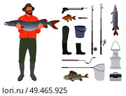 Fisherman with fish in hand and tackle. Rod and landing net, bucket and box, harpoon and knife, rubber boot, trout and perch and crucian vector icons. Fisherman with fish in hands and tackle sketch. Стоковая иллюстрация, агентство Ingram Publishing / Фотобанк Лори