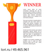 Winner golden trophy cup vector illustration. Shiny gold award, goblet with wings and tags on pedestal rewarding icon, poster badge, cartoon style. Winner Golden Trophy Cup Vector Illustration. Стоковая иллюстрация, агентство Ingram Publishing / Фотобанк Лори