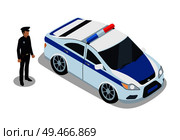Policeman on duty and car icons 3D isometric. Police officer with automobile and lights on top. Cop with badge professional bobby isolated on vector. Policeman on Duty and Car Icons Vector Illustration. Стоковая иллюстрация, агентство Ingram Publishing / Фотобанк Лори