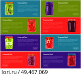 Preserved food poster and jars with conserved meal. Fruits and vegetables conservation. Canned plums raspberries strawberries and pickle olives vector. Preserved Food Poster and Jars Vector Illustration. Стоковая иллюстрация, агентство Ingram Publishing / Фотобанк Лори