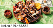 Summer picnic with shashlik and lotto board game.Picnic concept. Grilled meat and board games. Стоковое фото, агентство Ingram Publishing / Фотобанк Лори