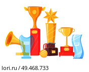 Award cup, statuette and souvenir prize vector illustration set isolated on white. Gold and glass contest or competition winning trophy and medal.. Souvenir Prize Vector Illustration Collection. Стоковая иллюстрация, агентство Ingram Publishing / Фотобанк Лори