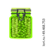 Preserved pea in unlabeled glass jar with metal clip cap. Green pickled legume homemade conservation vector illustration in cartoon style isolated.. Canned Green Pea Legume in Glass Jar with Clip Cap. Стоковая иллюстрация, агентство Ingram Publishing / Фотобанк Лори