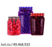 Homemade plums and cherry compote, blueberry jam in glass bottle vector composition isolated. Granny rustic lin tied with bow on canned food jars.. Plums Cherry and Blueberry Glass Jars Conservation. Стоковая иллюстрация, агентство Ingram Publishing / Фотобанк Лори
