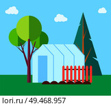 Greenhouse hothouse and trees. Farming and growing plants vegetables and fruits on warmhouse made of glass. Rural area with greenery nature vector. Greenhouse Hothouse and Trees Vector Illustration. Стоковая иллюстрация, агентство Ingram Publishing / Фотобанк Лори