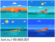 Breaststroke and butterfly swimming styles performed by professional swimmers. Seasides with palm trees, island and vessel ship floating vector set. Breaststroke Butterfly Styles Vector Illustration. Стоковая иллюстрация, агентство Ingram Publishing / Фотобанк Лори