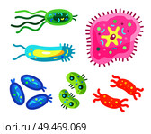 Bacteria micro creatures organisms set. Types of germs and microbes rounded shaped and chained pathogen elements. Viral molecules isolated on vector. Bacteria Micro Creatures Set Vector Illustration. Стоковая иллюстрация, агентство Ingram Publishing / Фотобанк Лори