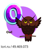 Owl vector applique for O vowel spelling. Isolated wise bird for teaching alphabet to children. Crisscross-row letter with howlet cartoon character.. Owl for O Letter Cartoon Alphabet for Children. Стоковая иллюстрация, агентство Ingram Publishing / Фотобанк Лори