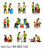 Volunteers and charity set vector isolated icons set. Donate to orphans, blood donation, help elderly people. Feeding homeless and dogs, growing trees. Volunteers and Charity Set Vector Illustration. Стоковая иллюстрация, агентство Ingram Publishing / Фотобанк Лори