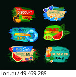 Summer discount sale banner set isolated vector. Pineapple and watermelon, sunglasses and cocktail with straw and orange slice, flowers and lifebuoy. Summer Discount Sales Banner Vector Illustration. Стоковая иллюстрация, агентство Ingram Publishing / Фотобанк Лори