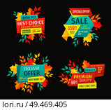 Best choice exclusive offer sale autumnal proposition. Premium quality reduced price autumn proffer seasonal shopping trade banners and leaves vector. Best Choice Exclusive Offer Vector Illustration. Стоковая иллюстрация, агентство Ingram Publishing / Фотобанк Лори