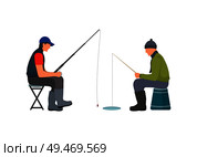 Fishers calmly sitting on stools talking about hobby. Fishing people with rod waiting to catch limbless animal from river or lake vector illustration. Fishers Sitting on Stools Vector Illustration. Стоковая иллюстрация, агентство Ingram Publishing / Фотобанк Лори