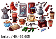 Coffee cup and dessert poster vector isolated icons. Cezve and beans in bag, cinnamon and sugar in container. Branch of plant and different beverages. Coffee Cup and Dessert Poster Vector Illustration. Стоковая иллюстрация, агентство Ingram Publishing / Фотобанк Лори