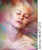 Her World series. Abstract background made of female portrait fused with vibrant paint for use with projects on feelings, emotions, inner world, creativity and imagination. Стоковое фото, агентство Ingram Publishing / Фотобанк Лори
