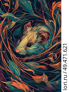 A painting depicting a rat climbing up a tree, showcasing the nimble movements of the rodent in its natural habitat. Стоковое AI-изображение, AI-художник Данила Большаков / Фотобанк Лори