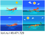 Backstroke and breaststroke, freestyle and butterfly styles set. People professional swimmers in sea showing strokes. Island with palm tree vector. Backstroke Breaststroke Set Vector Illustration. Стоковая иллюстрация, агентство Ingram Publishing / Фотобанк Лори