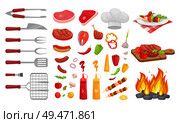 BBQ barbecue vegetables and meat isolated icons vector set. Cutlery spatula fork and knife cookware. Fire and board with served plate and roasted beef. BBQ Barbecue Vegetables Meat Vector Illustration. Стоковая иллюстрация, агентство Ingram Publishing / Фотобанк Лори