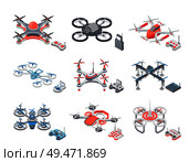 Drone flying items icons set vector isolated isometric 3d. Objects small helicopters innovative modern robots on remote control. Aerial propellers. Drone Flying Items Icons Set Vector Illustration. Стоковая иллюстрация, агентство Ingram Publishing / Фотобанк Лори