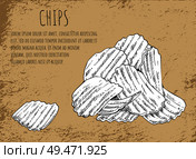 Chips fried potatoes poster with monochrome sketch outline. Heap of fast food, junk meals usually served to beer, text sample vector illustration. Chips Fried Potatoes Poster Vector Illustration. Стоковая иллюстрация, агентство Ingram Publishing / Фотобанк Лори