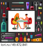 Spa salon manicurist working with client, tools and instruments for work vector. Scissors and files, lotions and oil, cuticle cut, bottles with paint. Spa Salon Manicurist with Client and Tools Vector. Стоковая иллюстрация, агентство Ingram Publishing / Фотобанк Лори