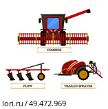 Combine and plow, trailed sprayer with tank and liquid isolated icons set vector. Machinery for farming and agriculture. Plough husbandry devices. Combine and Plow Icons Set Vector Illustration. Стоковая иллюстрация, агентство Ingram Publishing / Фотобанк Лори