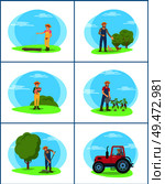 Farmer holding piglet isolated set vector. Woman sowing seeds in ground, tractor agricultural machinery. Man raking compost and watering plantation. Farmer Holding Piglet Set Vector Illustration. Стоковая иллюстрация, агентство Ingram Publishing / Фотобанк Лори