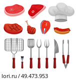 BBQ set, barbecue tools, meat vector icon. Beef and fish steak, hot dog, chicken and knife, fork and spatula, grille and brush, forceps and headpiece. BBQ Set, Barbecue Equipment and Meat, Vector Icon. Стоковая иллюстрация, агентство Ingram Publishing / Фотобанк Лори