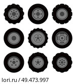 Tire service, vector emblem in cartoon style. Set of new wheels for changing, studded and smooth tires, for winter and summer season, job theme isolated. Tire Service, Vector Emblem, in Cartoon Style. Стоковая иллюстрация, агентство Ingram Publishing / Фотобанк Лори