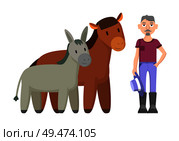 Donkey horse and farmer wearing rustic clothes holding hat. Livestock of male living in countryside. Animals mammals breeding vector illustration. Donkey Horse Farmer with Hat Vector Illustration. Стоковая иллюстрация, агентство Ingram Publishing / Фотобанк Лори