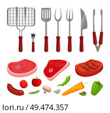 BBQ barbecue tools and meat isolated icons vector set. Grille grate and spatula roasted beef and pork steaks with vegetables tomatoes and corn pepper. BBQ Barbecue Tools and Meat Vector Illustration. Стоковая иллюстрация, агентство Ingram Publishing / Фотобанк Лори