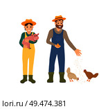 Farmer and pig, man with hens feeding chickens with wheat seeds. Farming people taking care of mammals domestic animals. Husbandry working male vector. Farmer and Pig Man with Hens Vector Illustration. Стоковая иллюстрация, агентство Ingram Publishing / Фотобанк Лори
