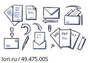 Office papers and pages with information monochrome sketches outline icons set vector. Pdf and doc, txt envelopes and arrows. Supplies for writing. Office Papers and Pages with Information Vector. Стоковая иллюстрация, агентство Ingram Publishing / Фотобанк Лори